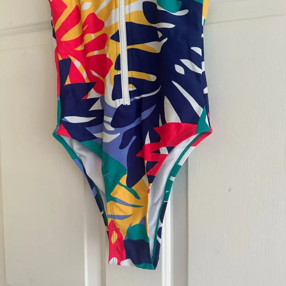 Joy Lab Front-Zip‎ One-Piece Swimsuit Multicolored Retro Size Small